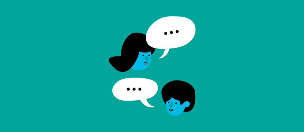 Illustration of two people chatting on a green background
