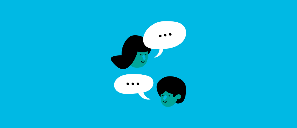 Illustration of two people chatting on a blue background