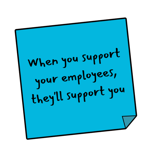 Text on a Post-It note reads: "When you support your employees, they'll support you"