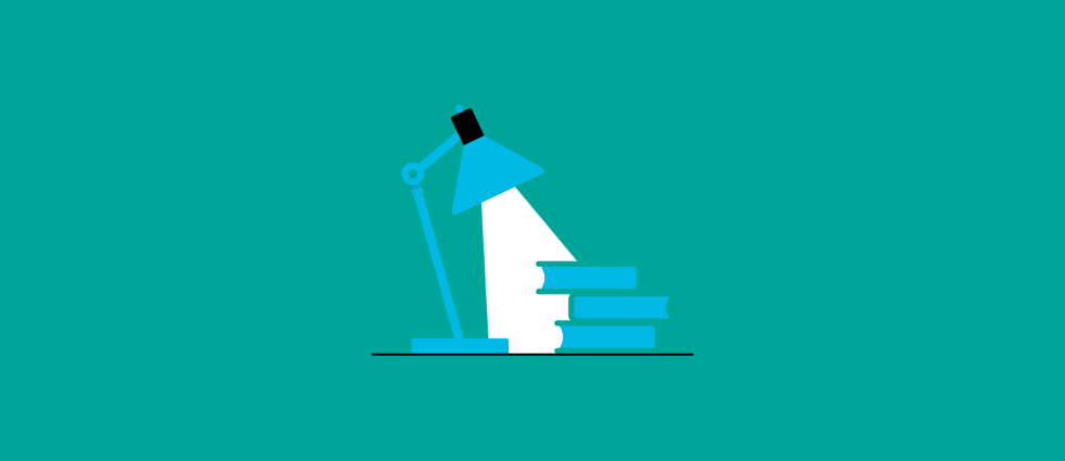 Illustration of a desk lamp, shining on a pile of books, on a green background