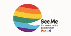 The logo for See Me Proud which says See Me Proud, end mental health stigma and discrimination with the shape of a sideways cartoon face  in rainbow coloours