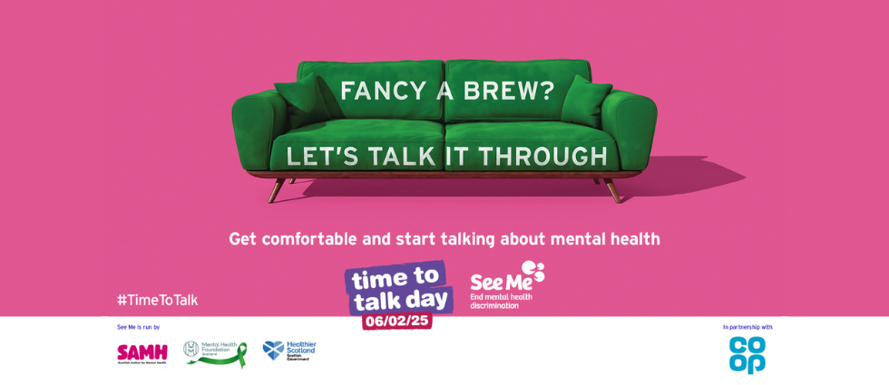 Text on a green sofa reads: "Fancy a brew? Let's talk it through."